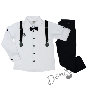 Детски комплект от панталон в черно, риза в бяло с емблема, папийонка и тиранти в черно 766102060