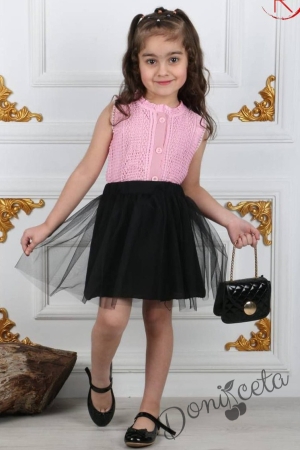 Детски комплект от 3 части - блуза без ръкав от дантела в розово и тюл пола в черно с чанта 1