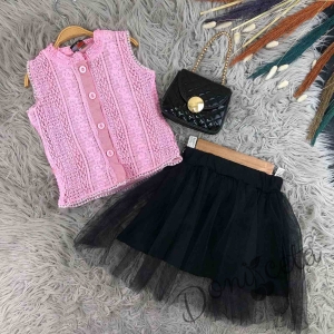 Детски комплект от 3 части - блуза без ръкав от дантела в розово и тюл пола в черно с чанта 2