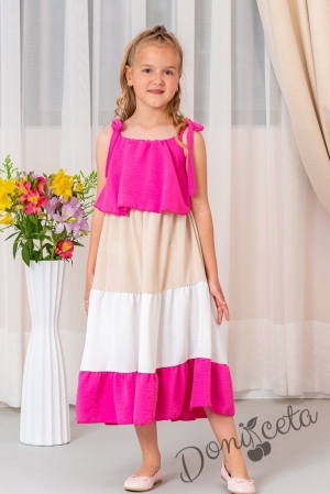 Официална/ежедневна дълга детска рокля без ръкав на пластове в циклама,бежово и бяло