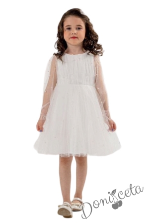 Официална детска рокля от тюл с дълъг ръкав, перли и блясък Митра в бяло
