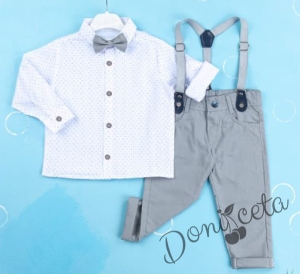 Детски комплект с тиранти, панталон и папийонка в сиво и риза в бяло с орнаменти