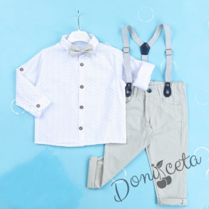 Детски комплект с тиранти, панталон и папийонка в светлобежово и риза в бяло с орнаменти 1
