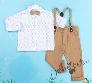 Детски комплект с тиранти, панталон и папийонка в бежово и риза в бяло с орнаменти