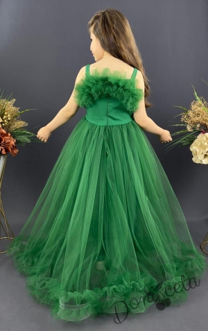 Официална детска дълга рокля Аделина в зелено с тюл без ръкав и харбала в долната част 2