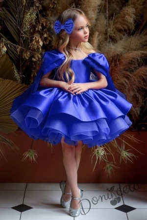 Официална детска рокля от богат тюл и сатен с къс ръкав панделка в синьо с фиба за коса панделка Анастасия