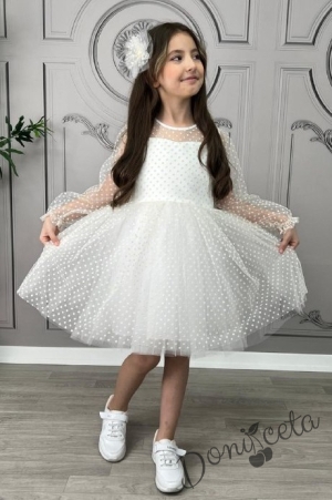 Официална детска рокля с дълъг ръкав от тюл на ситни точки с панделка и фиба за коса в бяло Хейди 1