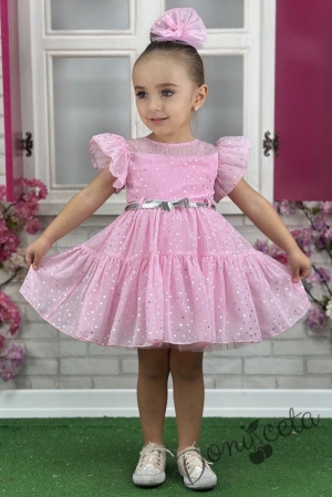 Официална детска рокля от тюл с къс ръкав буфан на бляскави точки в розово със сребристо коланче Ирина 1