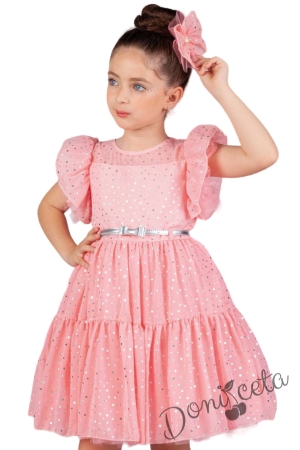 Официална детска рокля от тюл с къс ръкав буфан на бляскави точки в пудра със сребристо коланче Ирина 1