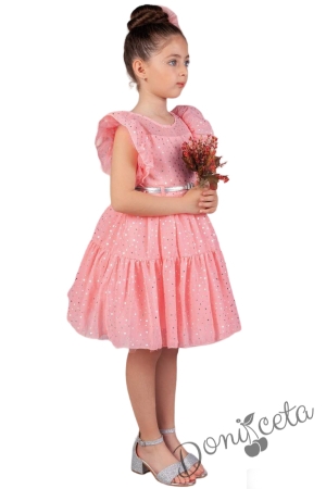 Официална детска рокля от тюл с къс ръкав буфан на бляскави точки в пудра със сребристо коланче Ирина 2