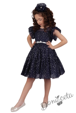 Официална детска рокля от тюл с къс ръкав буфан на бляскави точки в тъмносиньо със сребристо коланче Ирина