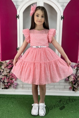 Официална детска рокля от тюл с къс ръкав буфан на бляскави точки в пудра със сребристо коланче Ирина 3