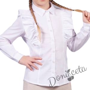 Детска риза за момиче с дълъг ръкав в бяло с къдрици 2