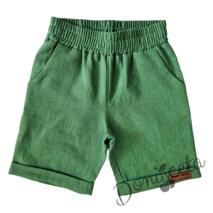 Комплект блуза от муселин в екрю с къс ръкав и кафяв кожен елемент и къси панталони в зелено от лен 3