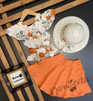 Детски комплект от 3 части - блуза в екрю без ръкав с воал на цветя, пола в оранжево и капела 3