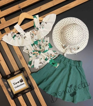Детски комплект от 3 части - блуза в екрю без ръкав с воал на цветя, пола в зелено и капела 2
