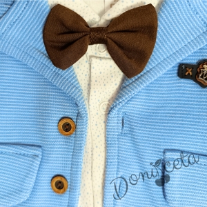 Бебешки комплект от 4 части - блуза в бяло на точки, сако с две джобчета и панталон в светлосиньо и папийонка в кафяво 2