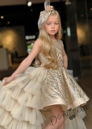 Официална детска рокля в златисто с блясък и шлейф на харбали Василиса 3