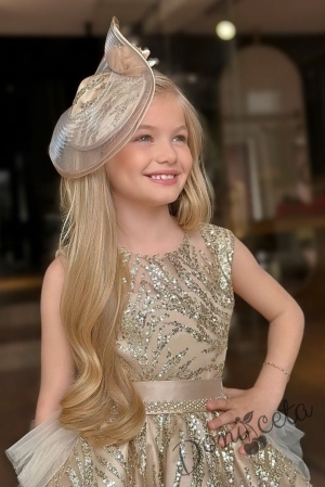 Официална детска рокля в златисто с блясък и шлейф на харбали Василиса 5