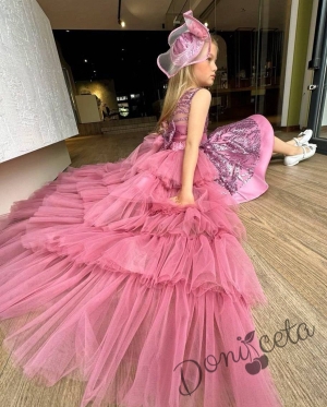 Официална детска рокля в розово с блясък и шлейф на харбали Василиса 2