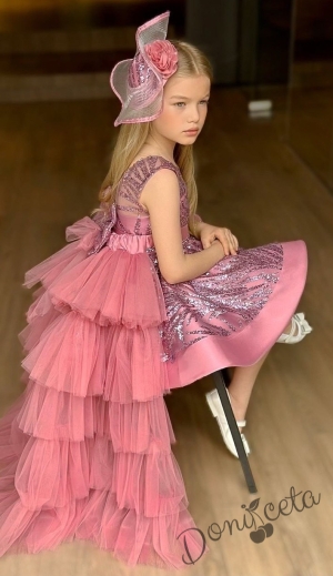 Официална детска рокля в розово с блясък и шлейф на харбали Василиса 3