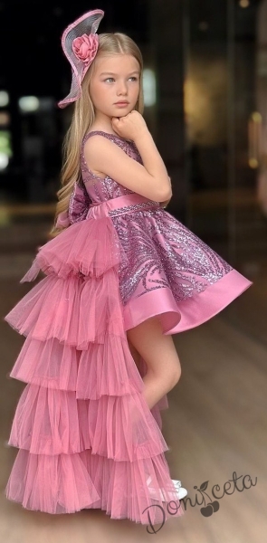 Официална детска рокля в розово с блясък и шлейф на харбали Василиса 4