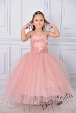 Официална дълга детска рокля в пепел от розови без ръкав от тюл с блясък с обръч Андреан