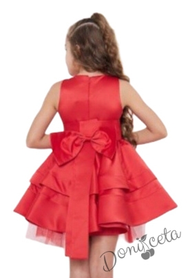 Официална детска рокля в червено от богат тюл и сатен без ръкав с пола на пластове, сатенен широк колан Ориана 1