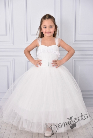 Официална дълга детска рокля в бяло без ръкав от тюл с обръч и блясък с камъчета на колана Андреан