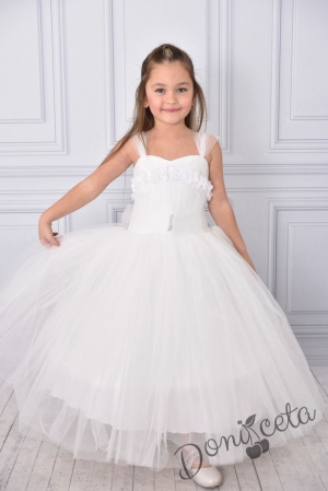 Официална дълга детска рокля в бяло без ръкав от тюл с обръч и блясък на колана Андреан 2