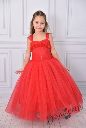 Официална дълга детска рокля в червено без ръкав от тюл с блясък с обръч и камъчета на колана Андреан 1