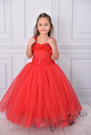 Официална дълга детска рокля в червено без ръкав от тюл с блясък с обръч и камъчета на колана Андреан 2
