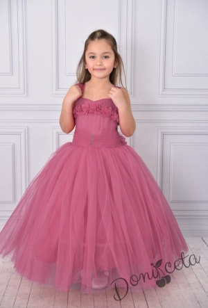 Официална дълга детска рокля в пепел от розови без ръкав от тюл с блясък с обръч и камъчета на колана Андреан