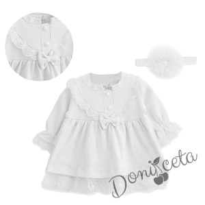 Официална/ежедневна бебешка рокля с дантела в бяло и лента за глава