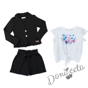 Детски комплект от къси панталони, сако в черно и туника в бяло с цветя в розово и синьо 1