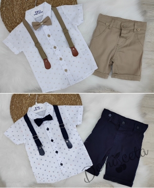 Летен комплект от панталон в бежово, риза в бяло на коли, тиранти и папийонка  2