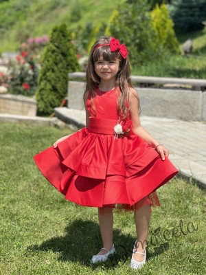 Официална детска рокля в червено от богат тюл и сатен без ръкав с пола на пластове, сатенен широк колан Ориана2