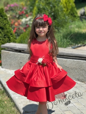 Официална детска рокля в червено от богат тюл и сатен без ръкав с пола на пластове, сатенен широк колан Ориана3