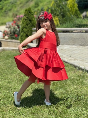 Официална детска рокля в червено от богат тюл и сатен без ръкав с пола на пластове, сатенен широк колан Ориана5