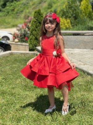 Официална детска рокля в червено от богат тюл и сатен без ръкав с пола на пластове, сатенен широк колан Ориана6