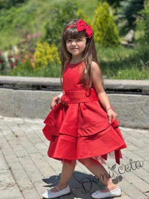 Официална детска рокля в червено от богат тюл и сатен без ръкав с пола на пластове, сатенен широк колан Ориана8