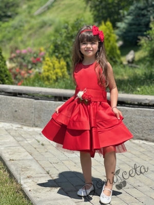 Официална детска рокля в червено от богат тюл и сатен без ръкав с пола на пластове, сатенен широк колан Ориана11