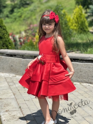 Официална детска рокля в червено от богат тюл и сатен без ръкав с пола на пластове, сатенен широк колан Ориана12