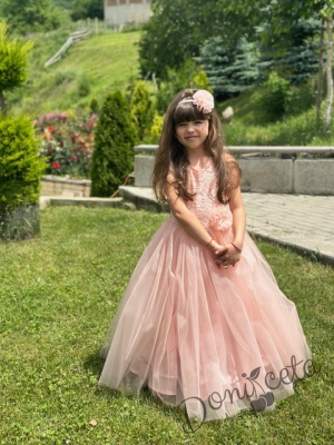 Официална дълга детска рокля от дантела Криска и тюл в прасковено 