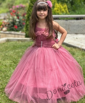 Официална детска дълга рокля в пепел от розови без ръкав с тюл и с обръч Андреан