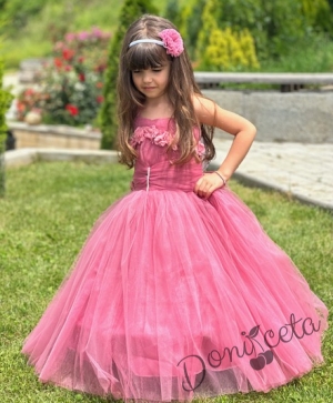 Официална детска дълга рокля в пепел от рози без ръкав с тюл и с обръч Андреан