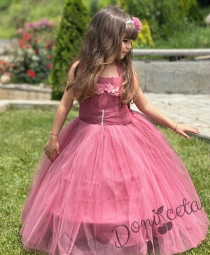 Официална детска дълга рокля в пепел от рози без ръкав с тюл и с обръч Андреан