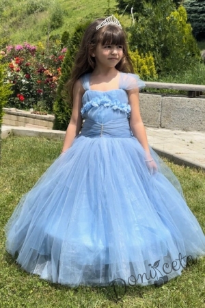 Официална дълга детска рокля в светлосиньо с обръч Андреан5