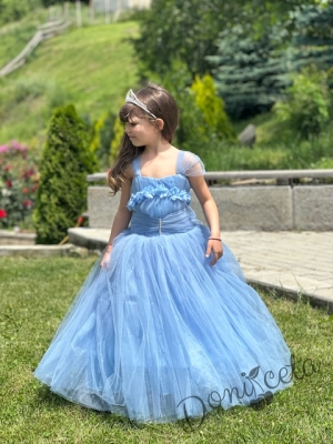 Официална дълга детска рокля в светлосиньо с обръч Андреан11