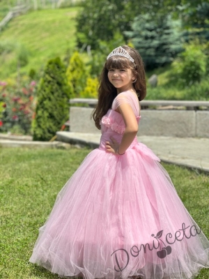 Официална детска дълга рокля в розово без ръкав с тюл и с обръч Андреан